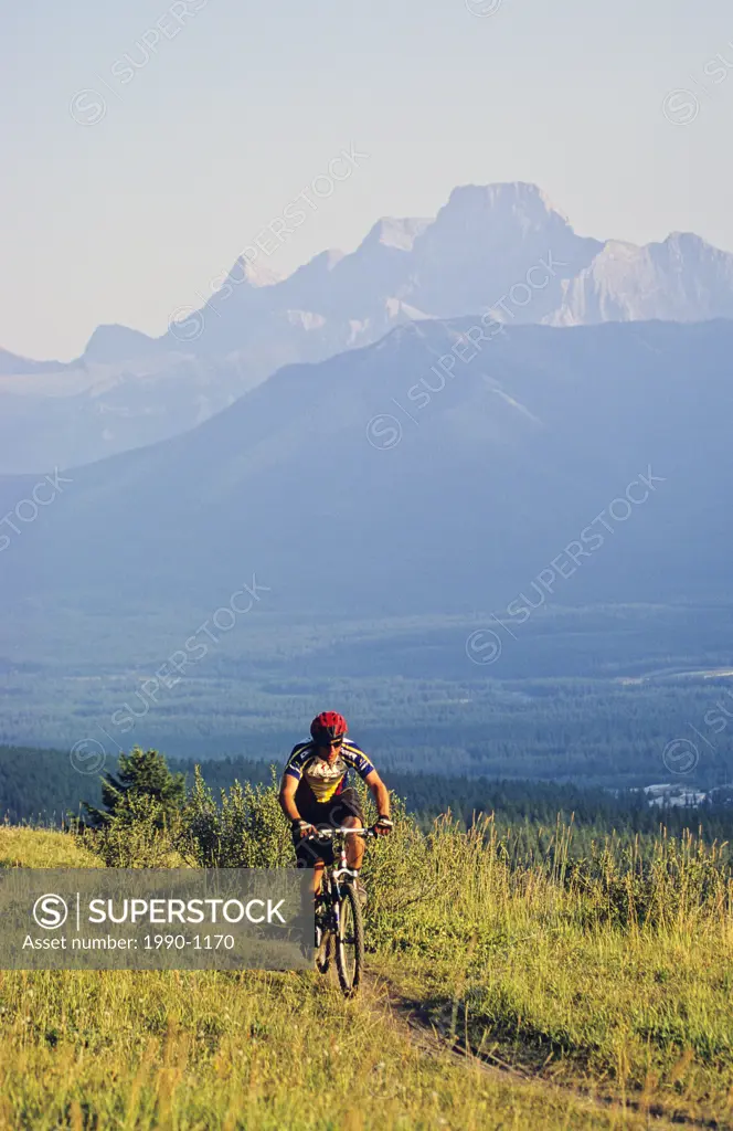 Mountain biker riding along Benchlands Trail, Canmore, Alberta, Canada