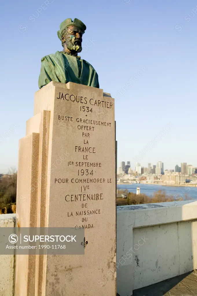 bronze bust / statue of Jacques Cartier to commemorate the 100th year of the birth of Canada. Located on the bridge that bears his name, Montreal, Que...