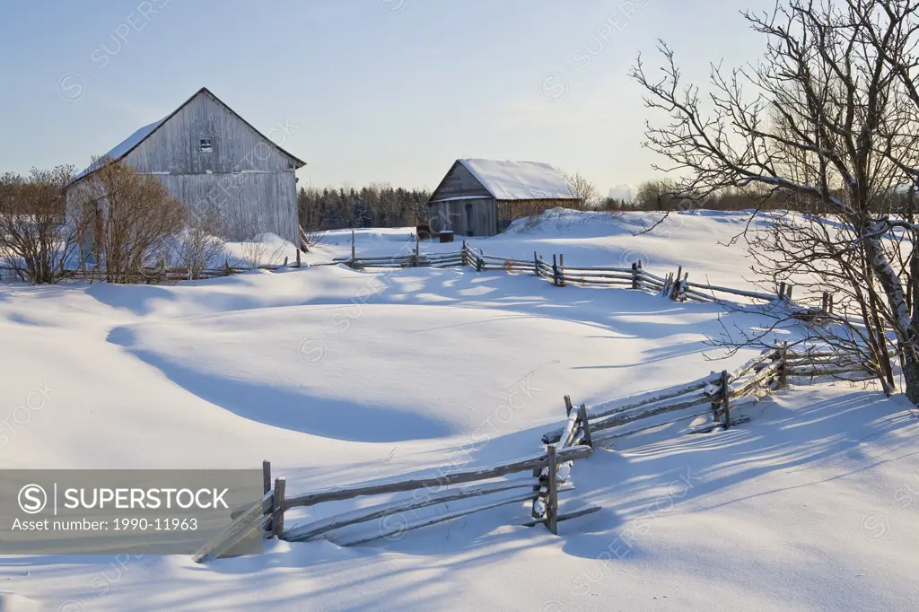 Barn, shed and fence under a blanket of snow, Rang Terrebonne, La Malbaie, Québec, Canada.