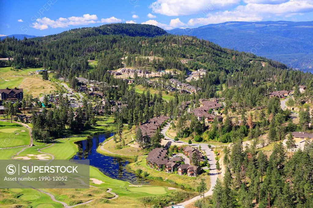 Aerial view of homes and Predator Ridge Golf Resort, Vernon, British Columbia, Canada.