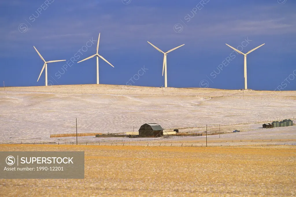 Windmills and barn in winter, Pincher Creek, Alberta, Canada, wind turbines, energy, renewable energy