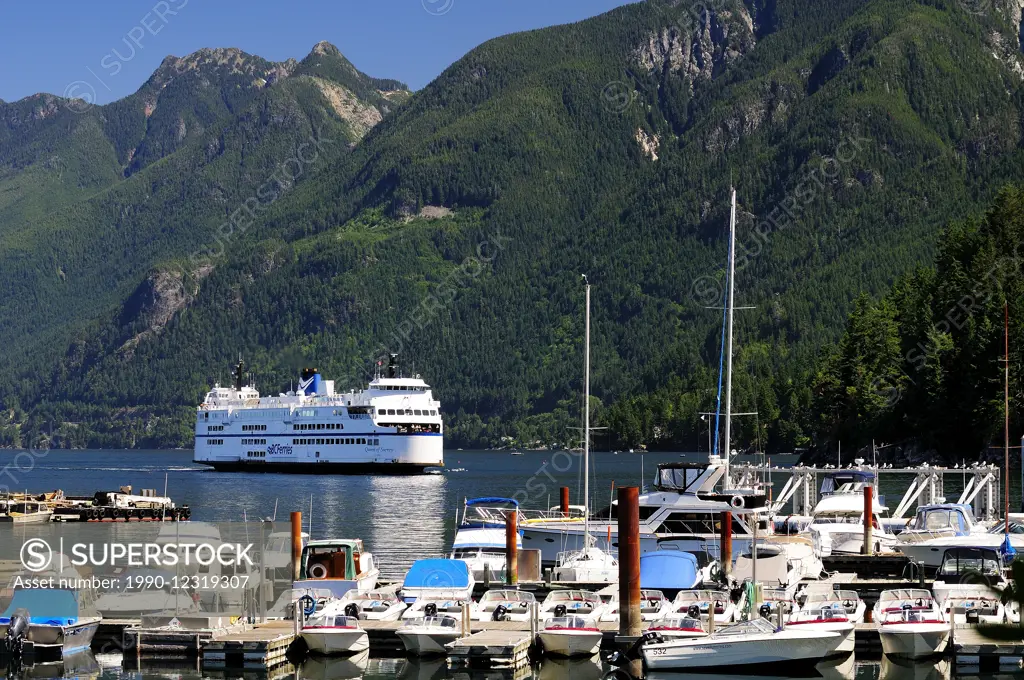 The BC Ferry, Queen of Surrey, approaches the Horseshoe Bay terminal in Horseshoe Bay, BC.