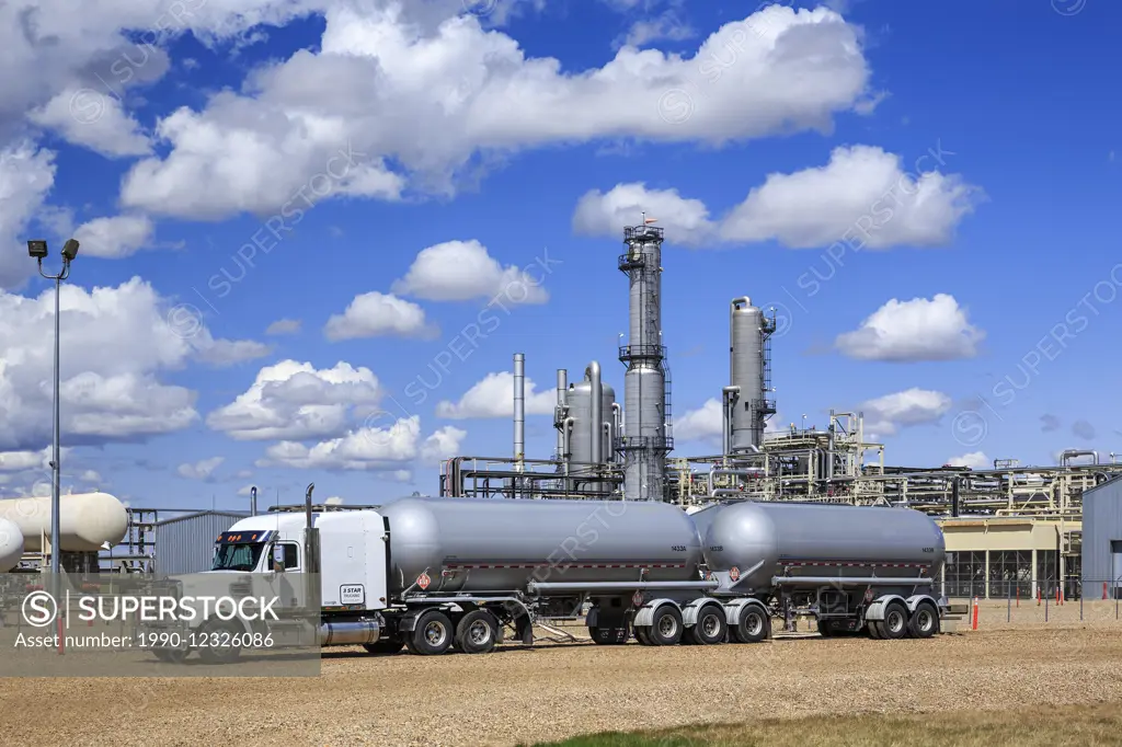 Tanker transport truck at a natural gas processing plant, Empress, Alberta, Canada