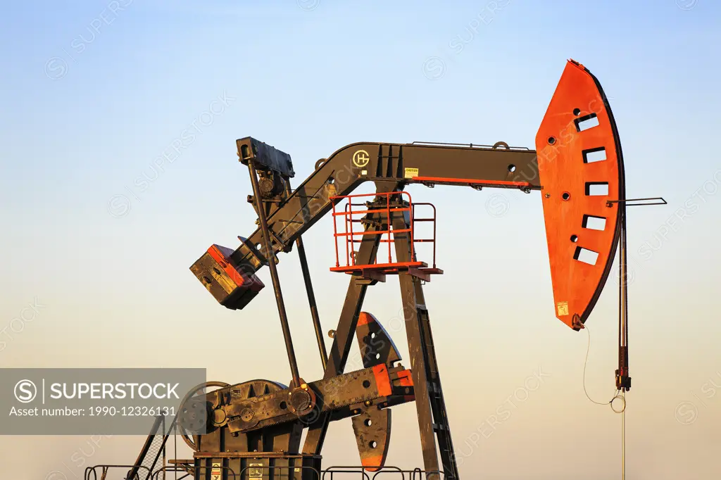Oil well pump jack in the Bakken oil field, near Estevan, Saskatchewan, Canada