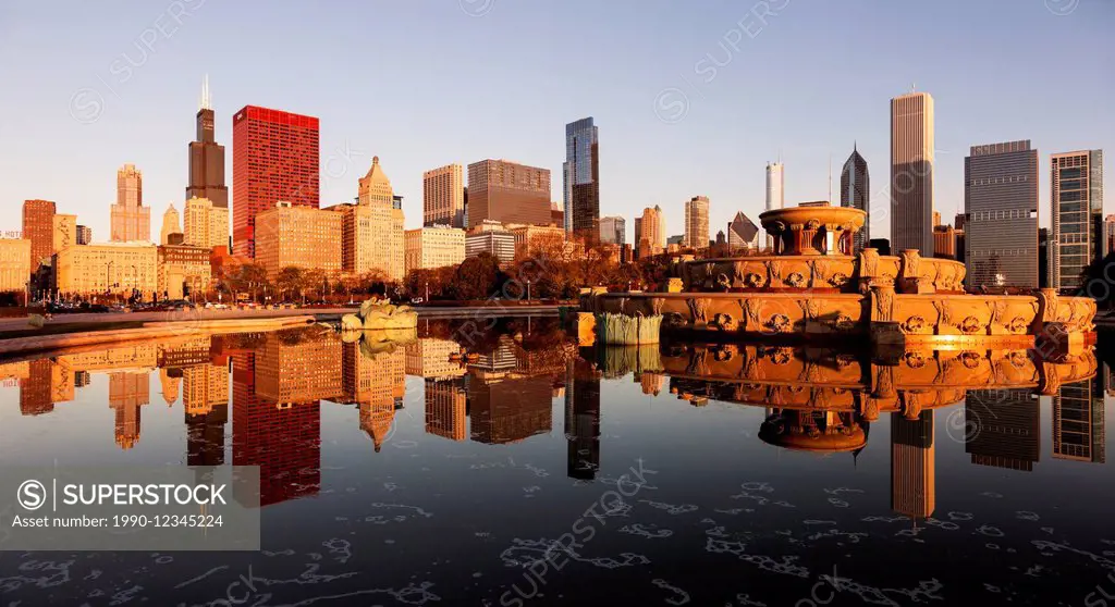 Chicago reflected in Buckingham Fountain - Chicago, Illinois, USA
