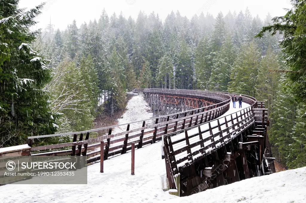 A couple walks in the snow on the Kinsol Trestle near Shawnigan Lake, BC.
