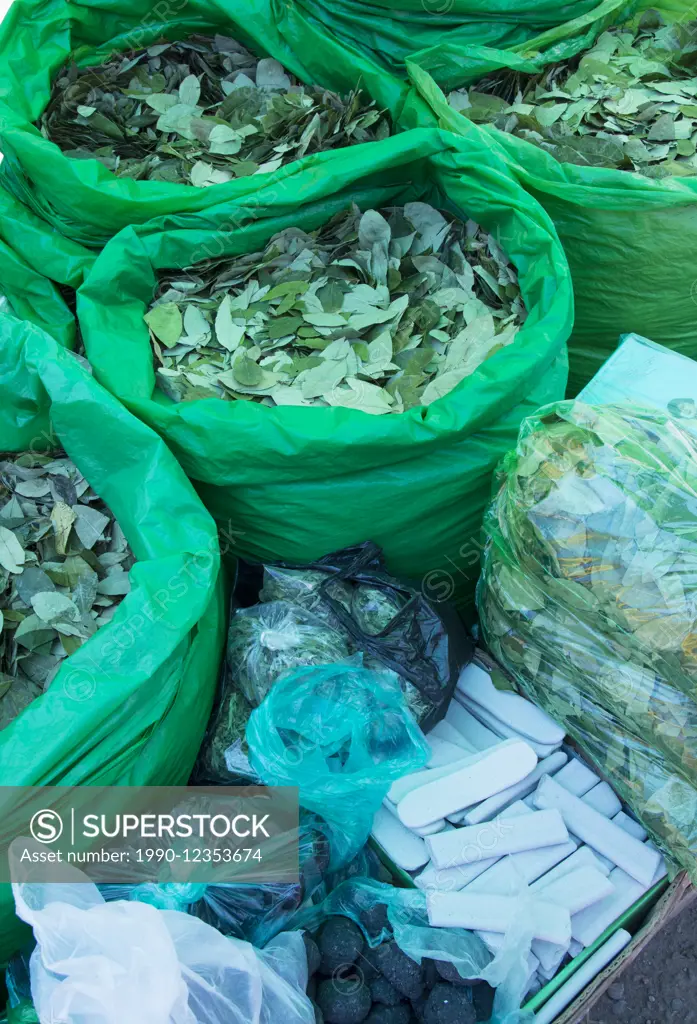 Coca leaves for sale in Market , Puno, Peru on the shores of Lake Titicaca