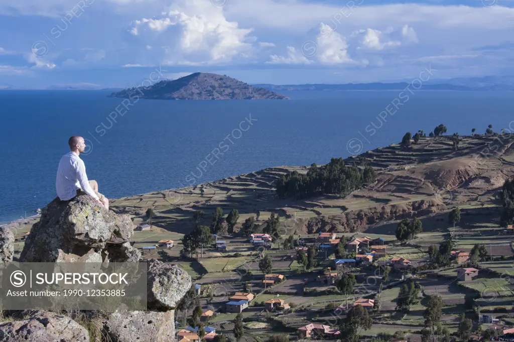 Viewpoint from the top of the island of Island of Amantani, Lake Titicaca, Peru