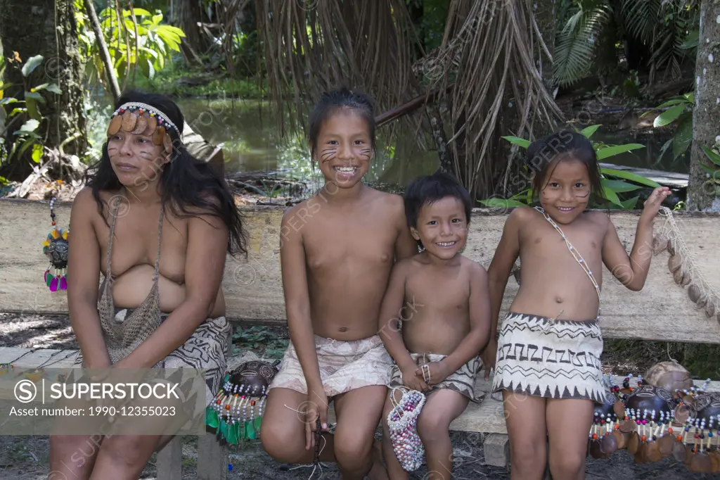 Indiginous Bora villagers at Kapitari village, near Manacamiri, Amazon River, Peru