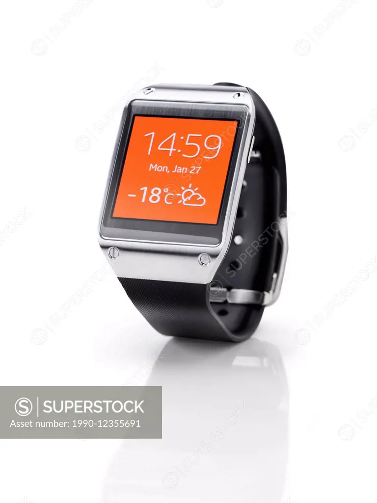 Samsung Galaxy Gear smartwatch with orange display closeup. Isolated watch on white background with clipping path.