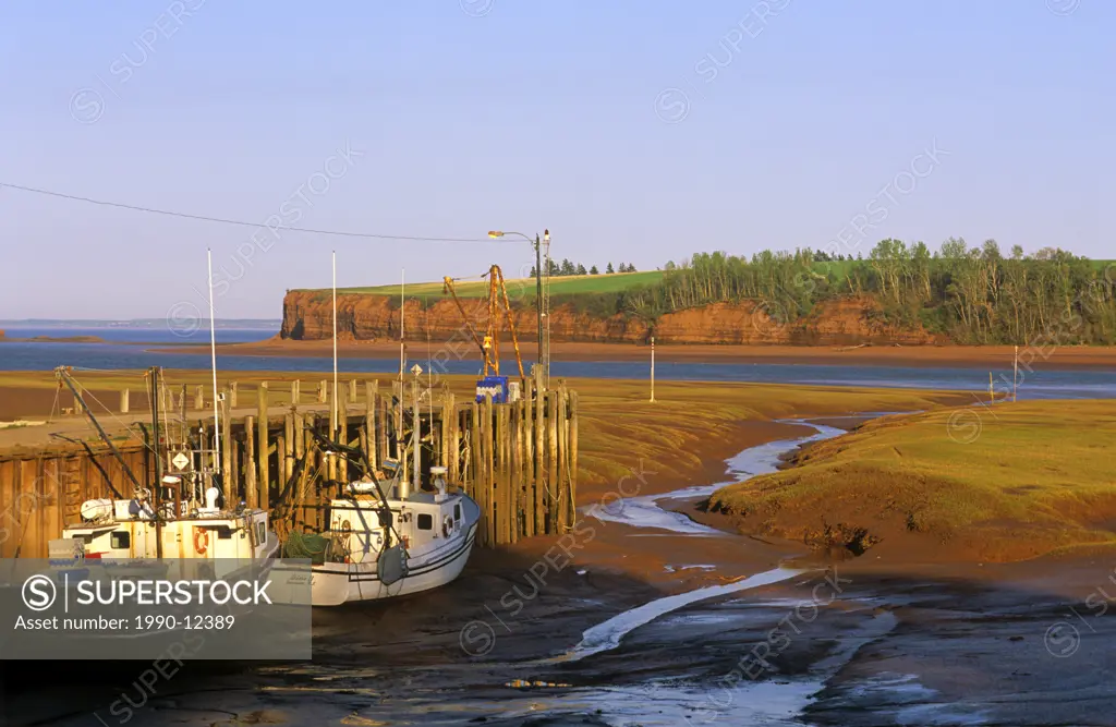 Fishing boats at Low tide, Pereau wharf, Bay of Fundy, Nova Scotia, Canada,