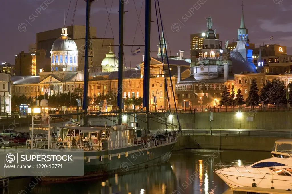 Skyline of Old Montreal at night from Old Port, Montreal, Quebec, Canada