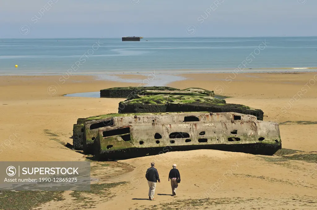 remains of Mulberry Artificial Harbour from D-Day invasion, Gold Beach, Arromanches-les-Bains, Calvados Department, Normandy, France