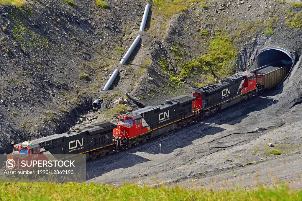 A Canadian National freight train hauling a load of coal cars through a tunnel at a coal mine site in the foothills of the rocky mountains of Alberta ...