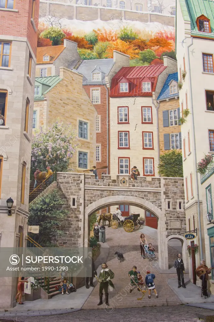 Wall mural depicting history of city in Lower town, Quebec City, Quebec, Canada