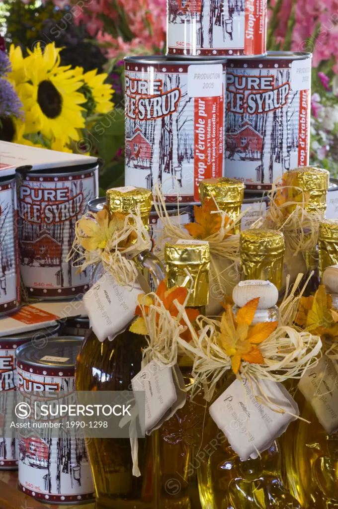 Produce and maple syrup on display in market, Quebec City, Quebec, Canada