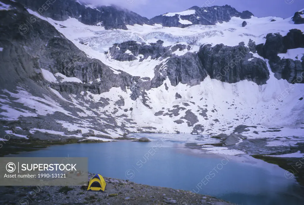 An alpine camp set up below Mt Redoubt Cascade Mountains Washington State USA