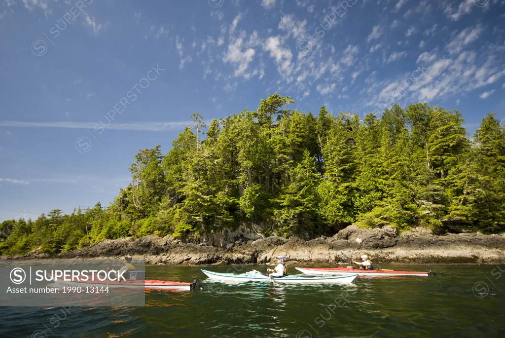 Sea Kayakers paddle along the shore of Vargas Island in Clayoquot Sound near Tofino, British Columbia, Canada.