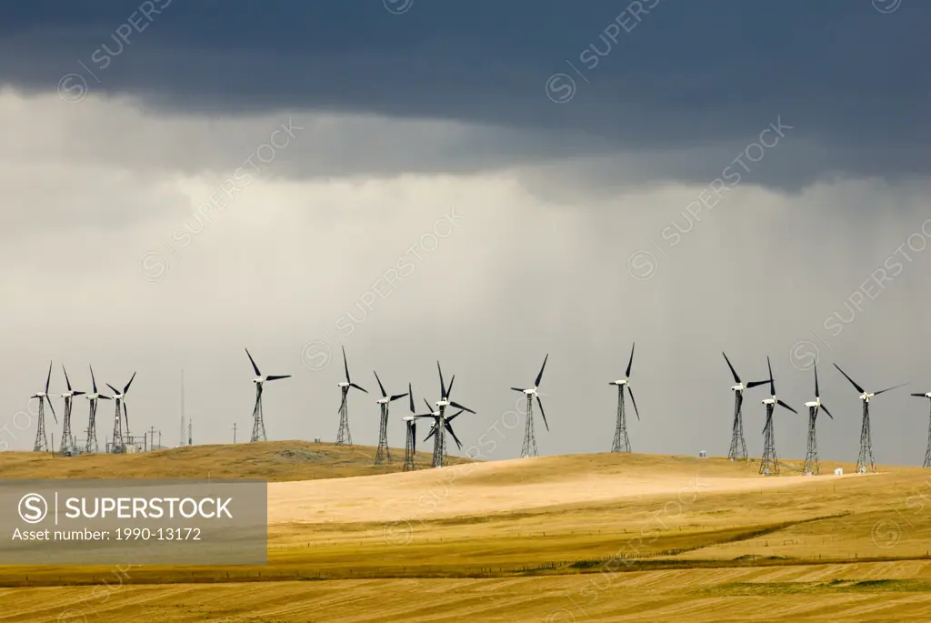 Stormy skies at a wind farm near Pincher Creek, Alberta, Canada.