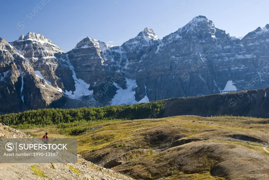 A female hiker looks out over Larch Valley on the trail to Sentinel Pass near Moraine Lake, Banff National Park, Alberta, Canada.