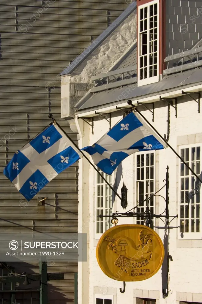 Quebec province flag on shop in Quebec city, Quebec, Canada