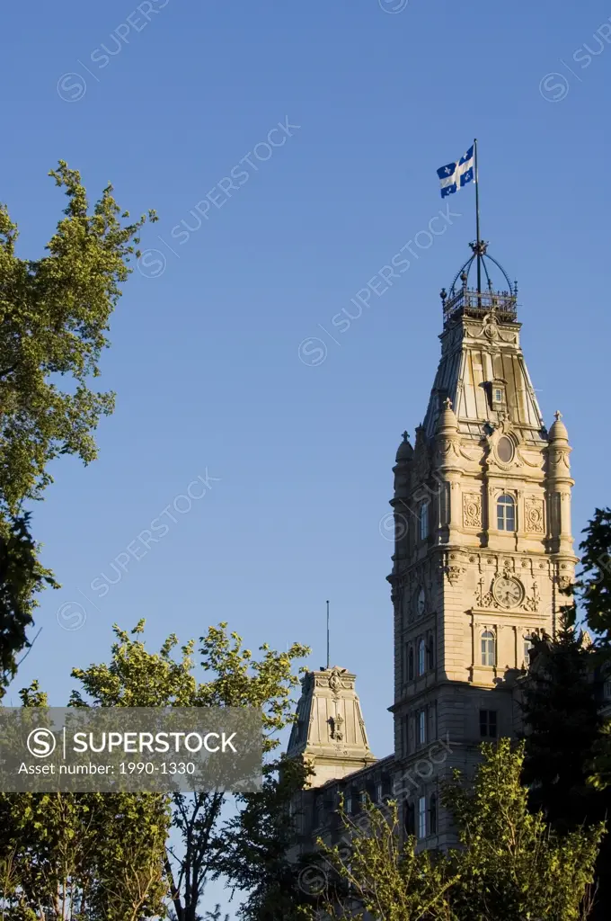 Hotel du Parliament tower with flag, Quebec Legislative buildings, Quebec City, Quebec, Canada
