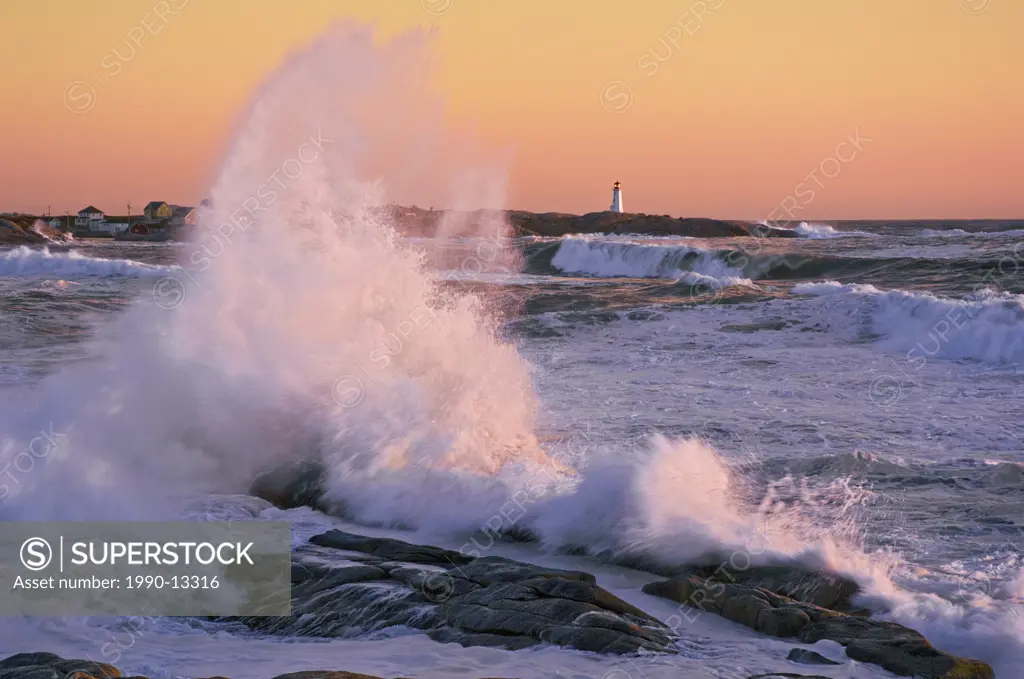 North Atlantic Ocean storm waves crash into granite coastline at Peggy´s Cove, Nova Scotia, Canada.