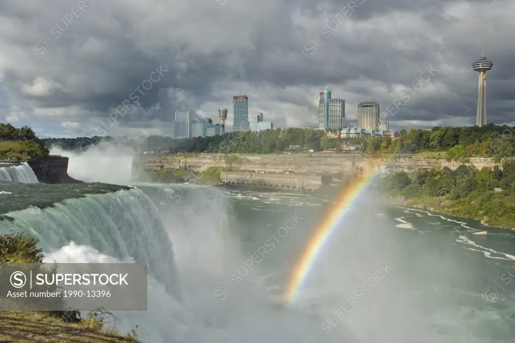 The American Falls from Prospect Point, Niagara Falls. New York, USA with Horseshoe Falls and Niagara Falls, Ontario in the background.