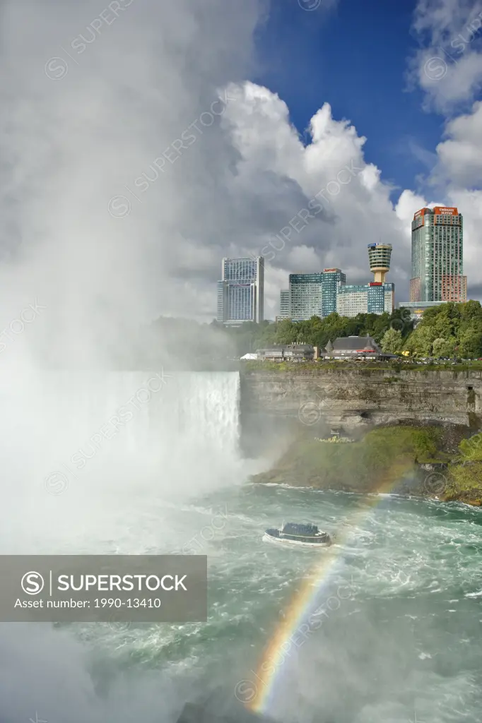 View of Horseshoe Falls with Niagara Falls Ontario, Canada skyline in the backdrop photographed from the American side at Terrapin Point.