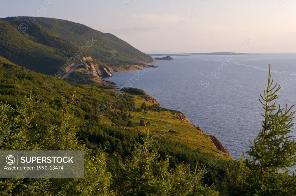 View of the Cabot Trail from the Veterans Monument towards Cheticamp Island, Cape Breton Highlands National Park, Gulf of St Lawrence, Cape Breton, No...