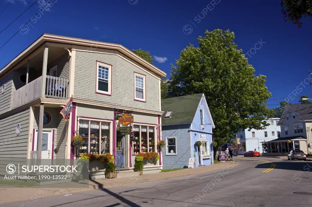 Shops and street in the town of Mahone Bay Lighthouse Route, Highway 3, Nova Scotia, Canada.