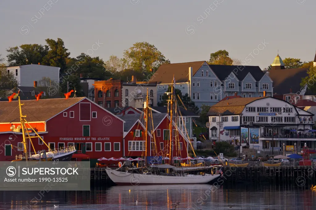 Fisheries Museum of the Atlantic and town of Lunenburg, UNESCO World Heritage Site, at sunset, Lunenburg Harbour, Lighthouse Route, Highway 3, Nova Sc...