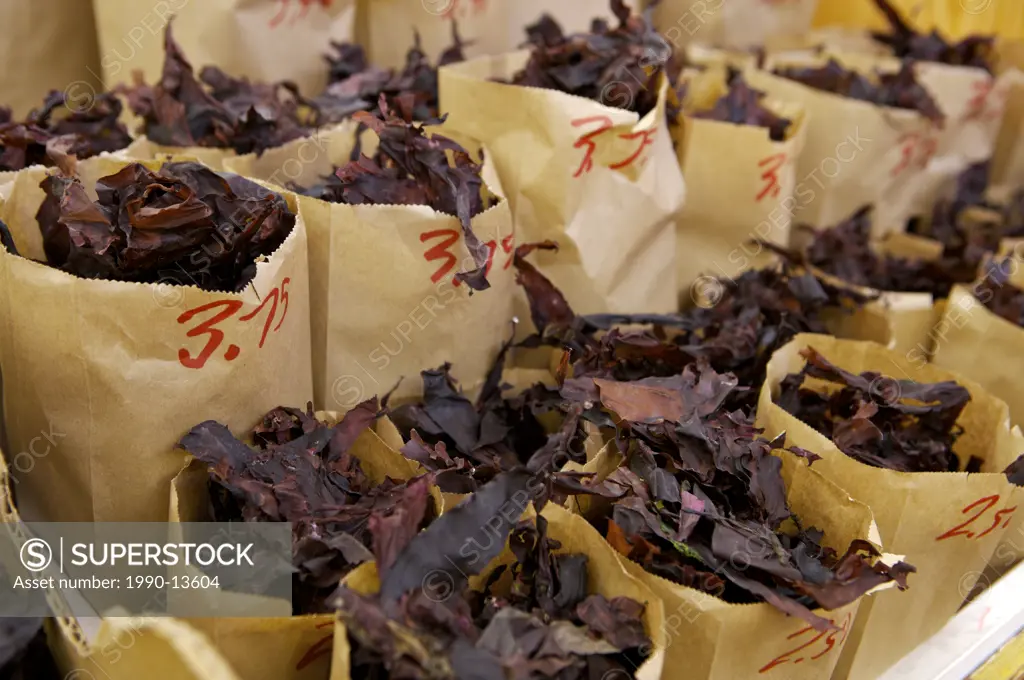 Fresh Dulse sea vegetable at a market stall the City Market building in downtown Saint John, Bay of Fundy, Fundy Coastal Drive, Highway 1, New Brunswi...