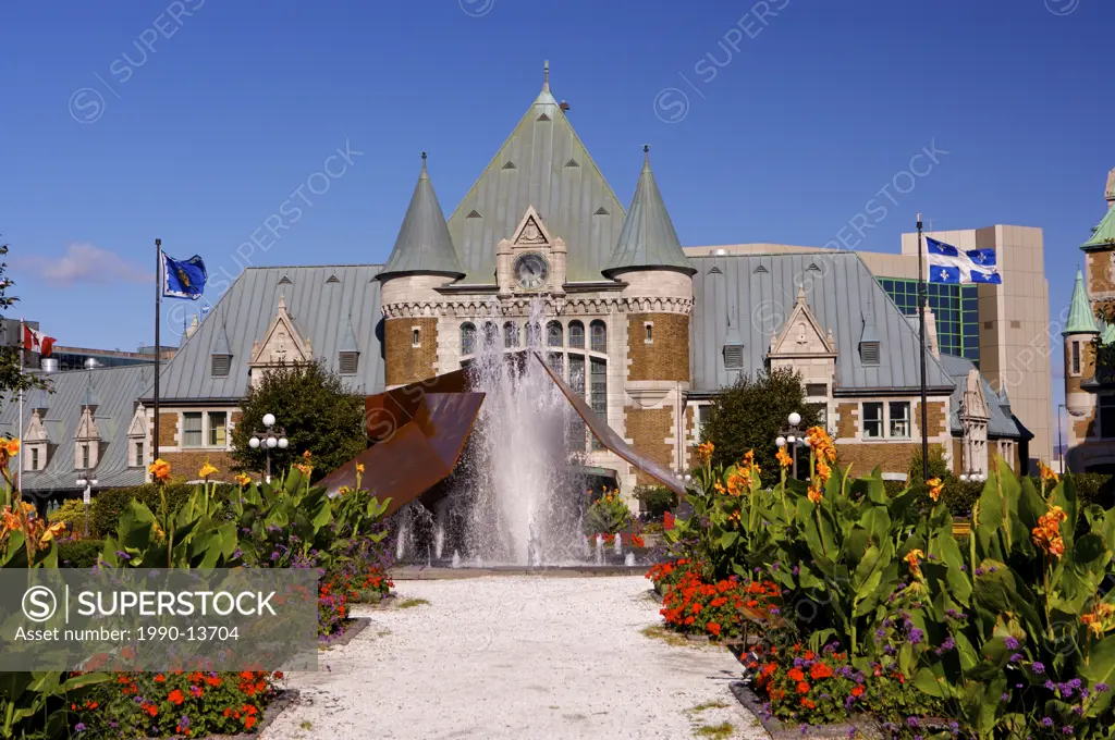 Gare du Palais, Train Station, and fountain in Quebec City, Quebec, Canada.