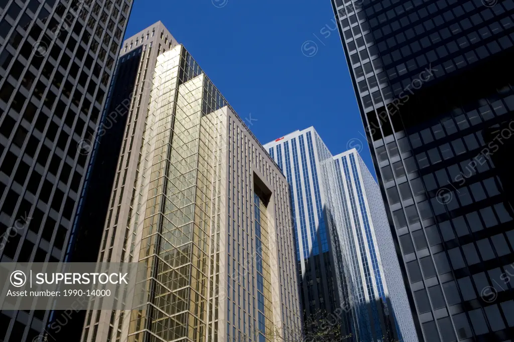 Low angle view of downtown office towers, Toronto, Ontario, Canada