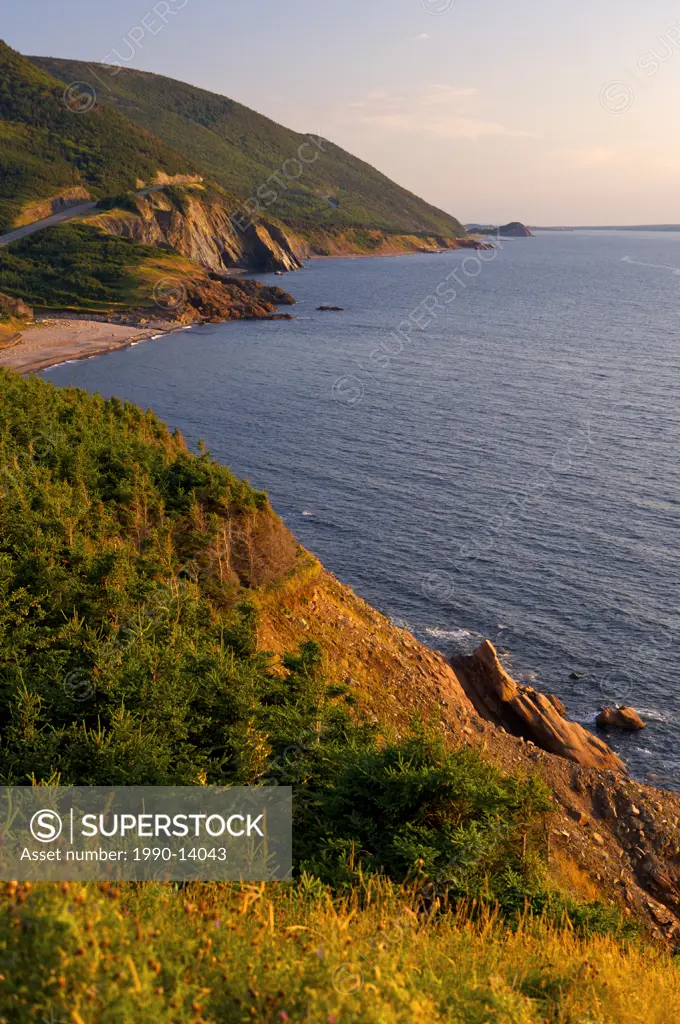 View of the Cabot Trail from the Veterans Monument towards Cheticamp Island, Cape Breton Highlands National Park, Gulf of St. Lawrence, Cape Breton, N...