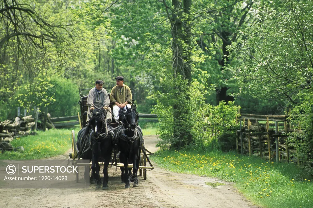 Two horse stagecoach, Upper Canada Village, Morrisburg, Ontario, Canada. Upper Canada Village is a heritage park on the banks of the St. Lawrence Rive...