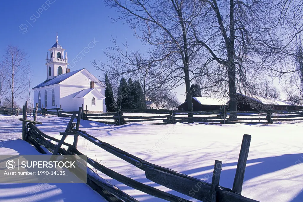 Christ Church at Upper Canada Village in winter, Morrisburg, Ontario, Canada. Upper Canada Village is a heritage park on the banks of the St. Lawrence...