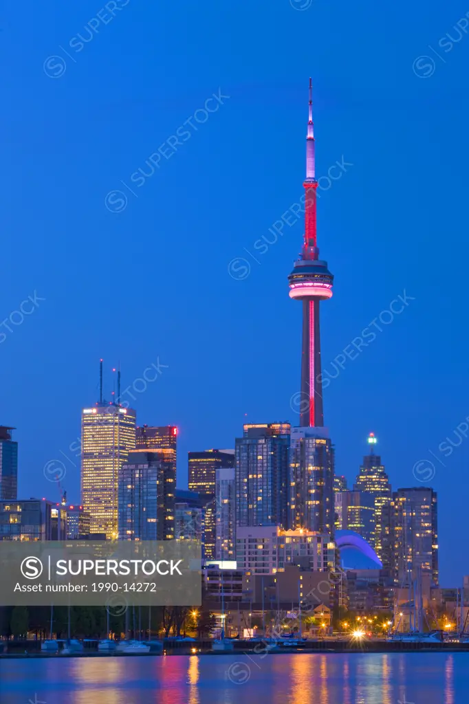 Skyline of Toronto at dusk seen from Ontario Place, Toronto, Ontario, Canada