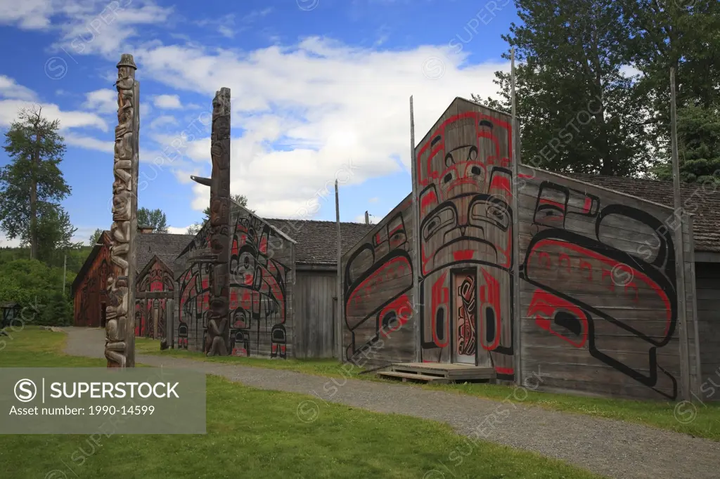 Totem pole and longhouses, Ksan Historical Village and Museum, Hazelton, British Columbia, Canada