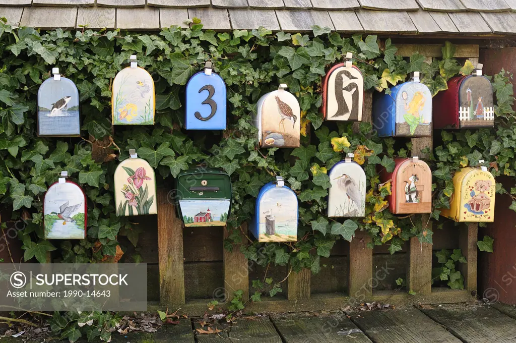 Painted mailboxes for houseboat residents, Granville Island, Vancouver, British Columbia, Canada