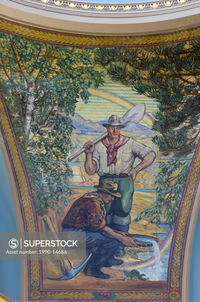 Artist George Southwell´s mural of resource industry, featuring mining, in legislative buildings, Victoria, Vancouver Island, British Columbia, Canada