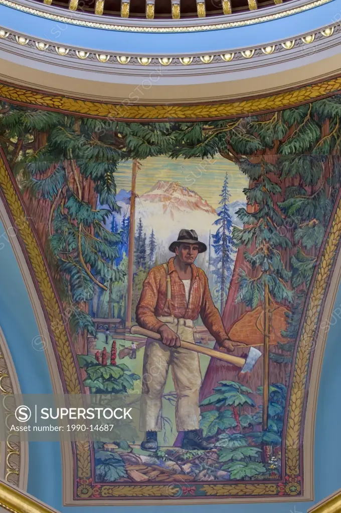 Artist George Southwell´s mural of resource industry, featuring forestry, in legislative buildings, Victoria, Vancouver Island, British Columbia, Cana...