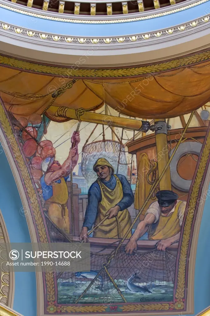 Artist George Southwell´s mural of resource industry, featuring fishing, in legislative buildings, Victoria, Vancouver Island, British Columbia, Canad...