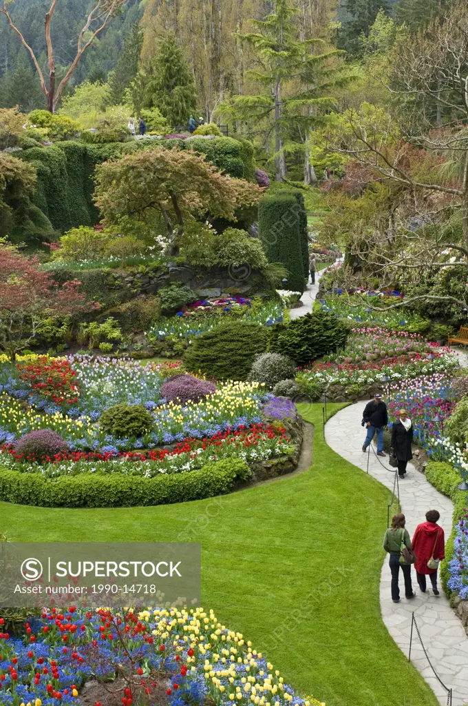 Tourists walking through Sunken Garden in springtime, Butchart Gardens, Victoria, Vancouver Island, British Columbia, Canada