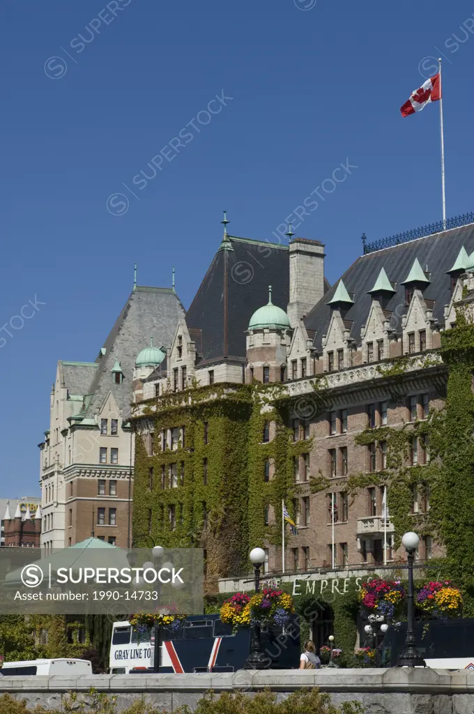 Government Street and Empress Hotel with bus parked in front, Victoria, Vancouver Island, British Columbia, Canada