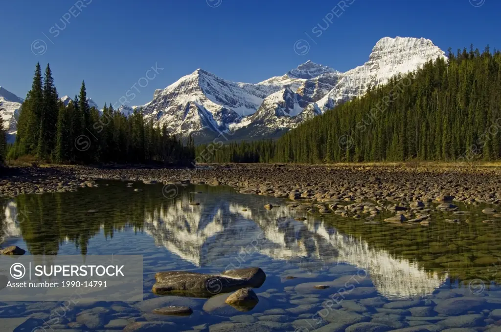 Athabasca River and Mount Fryatt at centre and Geraldine Peak at right, Jasper National Park, Alberta, Canada