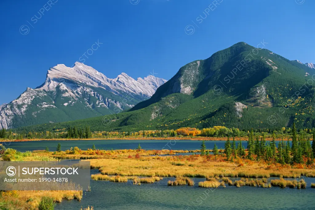 Mount Rundle and Sulphur Mountain as seen from Vermilion Lakes in autumn, Banff National Park, Alberta, Canada
