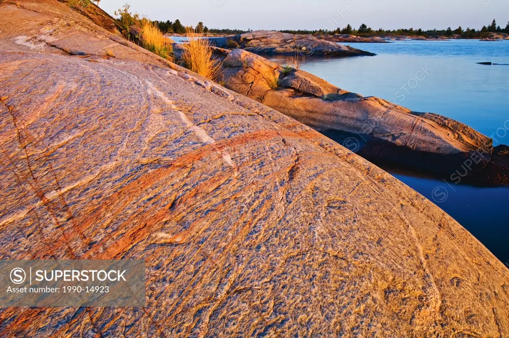 Pink veins of feldspar at sunrise on Fox Bay, French River Provincial Park, Ontario, Canada
