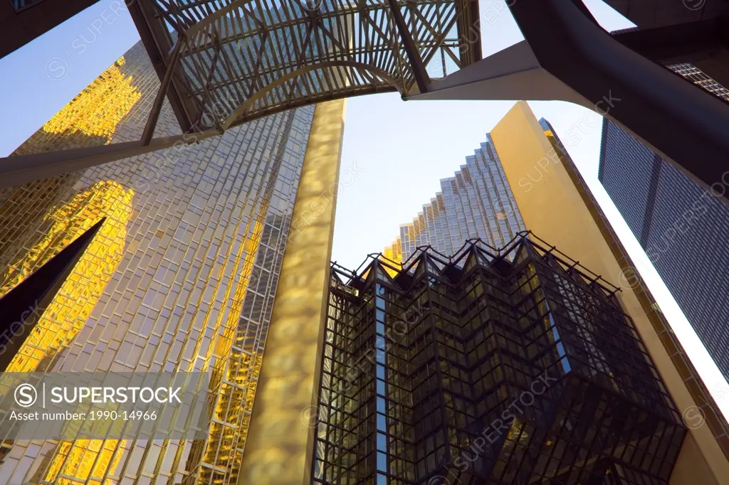 Low angle view of Bay Street buildings, Toronto, Ontario, Canada